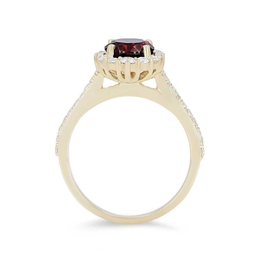 Diamonds Direct Fashion Rings | Garnet And Graduated Diamond Halo Ring Yellow Gold 14K