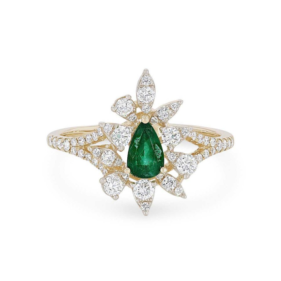 Diamonds Direct Fashion Rings | Emerald And Diamond Abstract Halo Ring Yellow Gold 14K