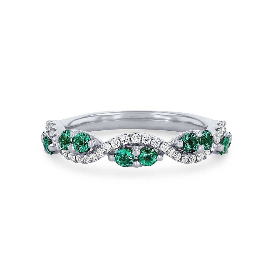 Diamonds Direct Women'S Bands | Emerald And Diamond Twist Wedding Band By Fana White Gold 14K