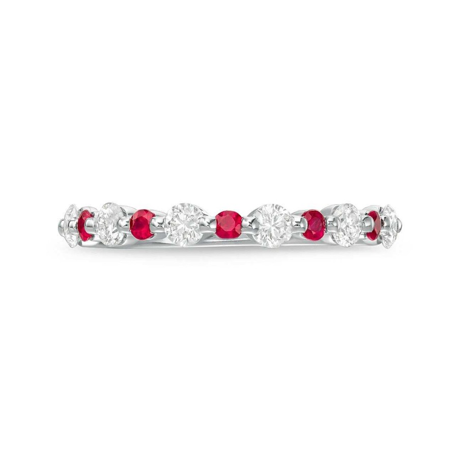 Diamonds Direct Women'S Bands | Alternating Diamond And Ruby Wedding Band White Gold 14K