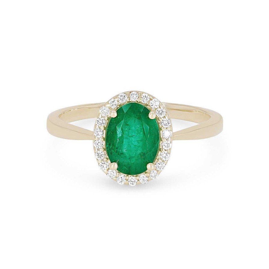 Diamonds Direct Fashion Rings | Emerald And Diamond Oval Halo Ring Yellow Gold 14K