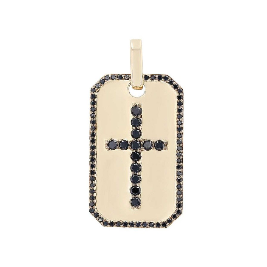 Diamonds Direct Pendants | Black Diamond Cross Dog Tag Pendant Yellow Gold 14K