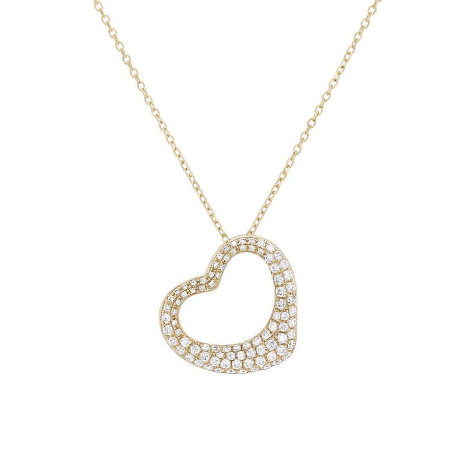 Diamonds Direct Necklaces & Pendants | Pave Diamond Slanted Heart Pendant Yellow Gold 14K