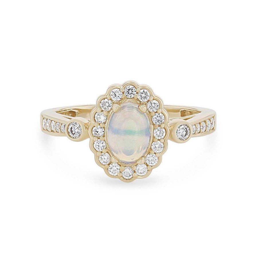 Diamonds Direct Fashion Rings | Opal And Diamond Scallop Halo Ring Yellow Gold 14K