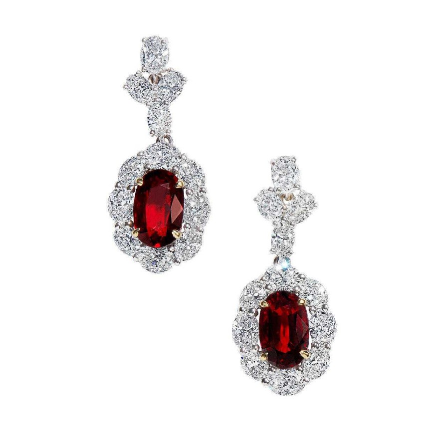 Diamonds Direct Earrings | Ruby And Oval Shaped Diamond Dangle Earrings White And Yellow Gold 18K