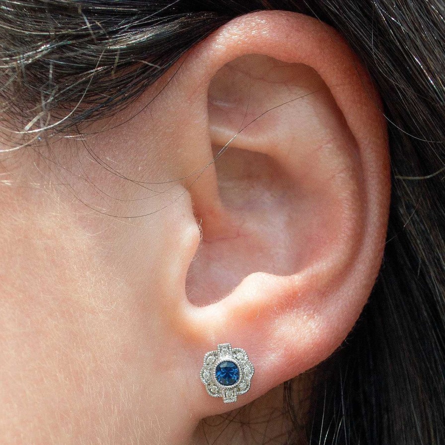 Diamonds Direct Earrings | Vintage Sapphire And Diamond Stud Earrings