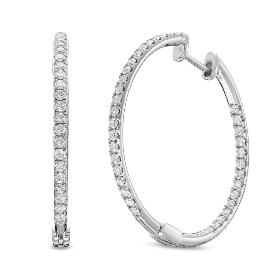 Diamonds Direct Earrings | Classic 1.25" In/Out Diamond Hoop Earrings White Gold 14K