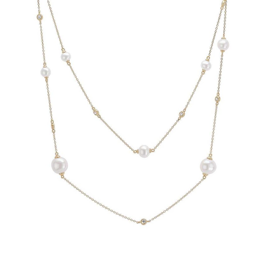 Diamonds Direct Necklaces & Pendants | Pearl And Diamond Bezel Tin Cup Necklace Yellow Gold 14K