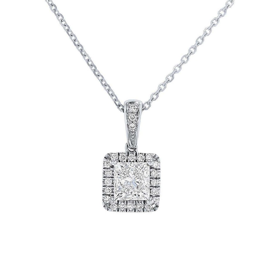 Diamonds Direct Necklaces & Pendants | Princess Diamond Halo Pendant White Gold 14K