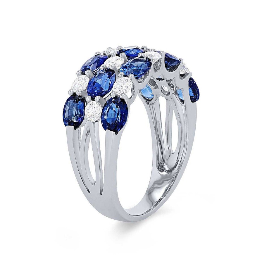 Diamonds Direct Fashion Rings | Three Row Alternating Sapphire And Diamond Ring White Gold 18K