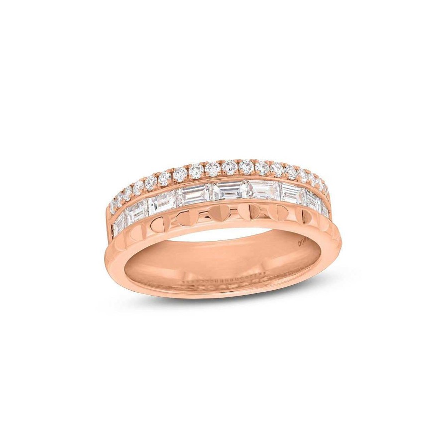 Diamonds Direct Fashion Rings | Three Row Emerald And Round Diamond Geometric Ring Rose Gold 14K