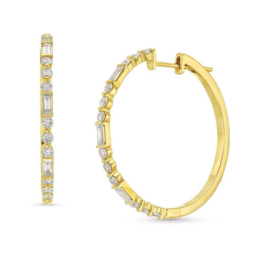 Diamonds Direct Earrings | Round And Baguette Diamond 1.25 Inch Hoop Earrings