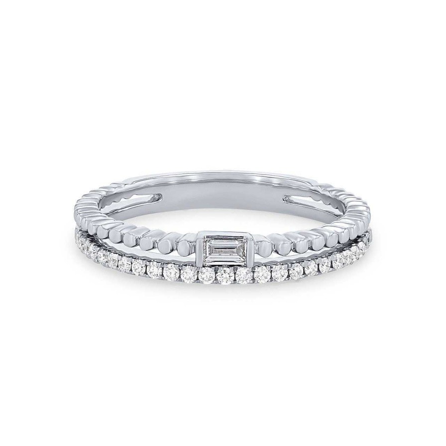 Diamonds Direct Women'S Bands | Two Row Beaded Baguette And Round Diamond Wedding Band By Uneek White Gold 14K