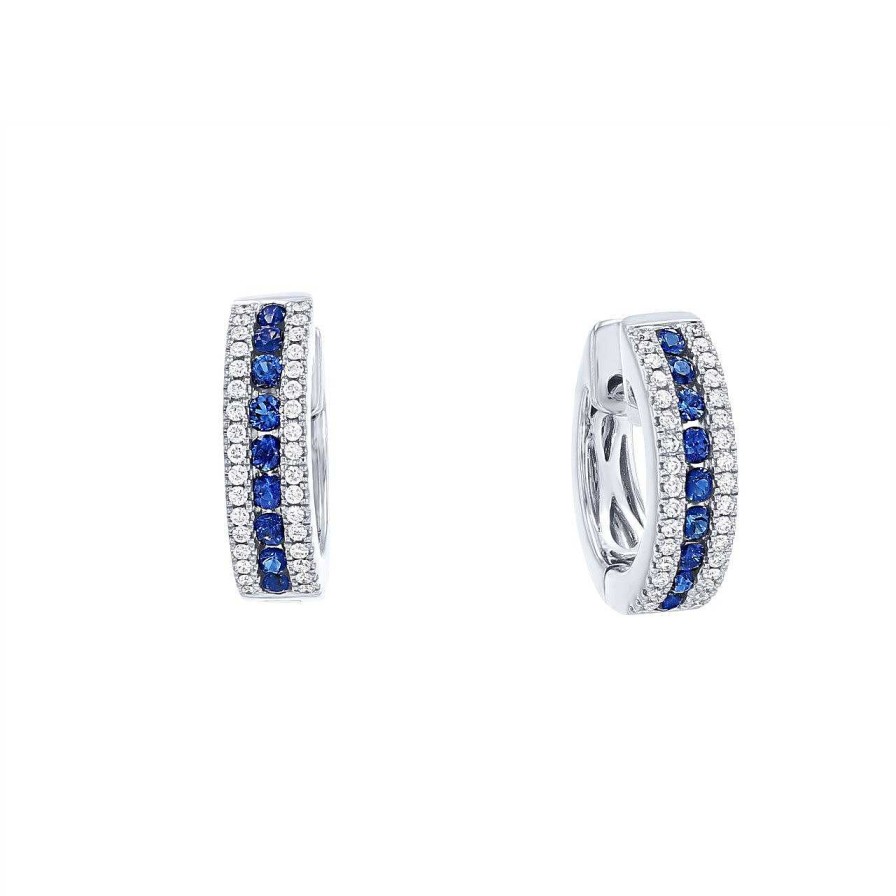 Diamonds Direct Earrings | Three-Row Diamond And Sapphire Hoops