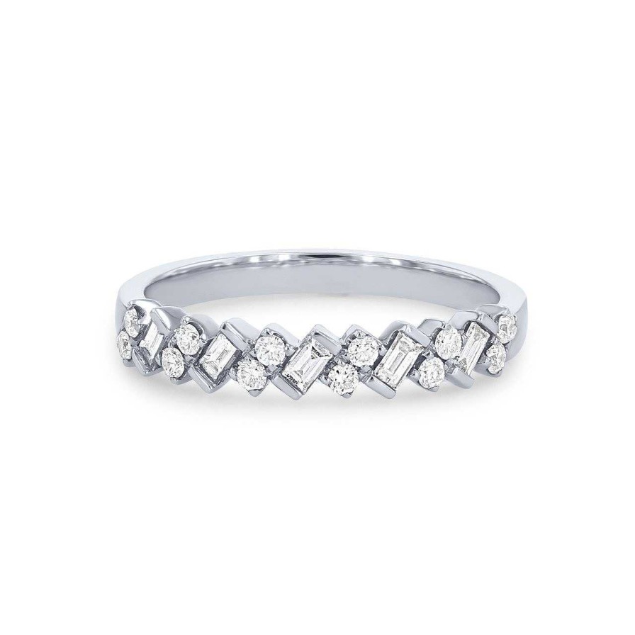 Diamonds Direct Women'S Bands | Diagonal Alternating Baguette And Round Diamond Wedding Band By Uneek White Gold 14K