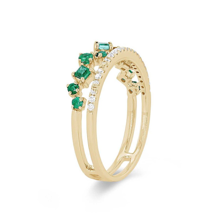 Diamonds Direct Fashion Rings | Emerald And Diamond Two Row Stackable Band Yellow Gold 14K