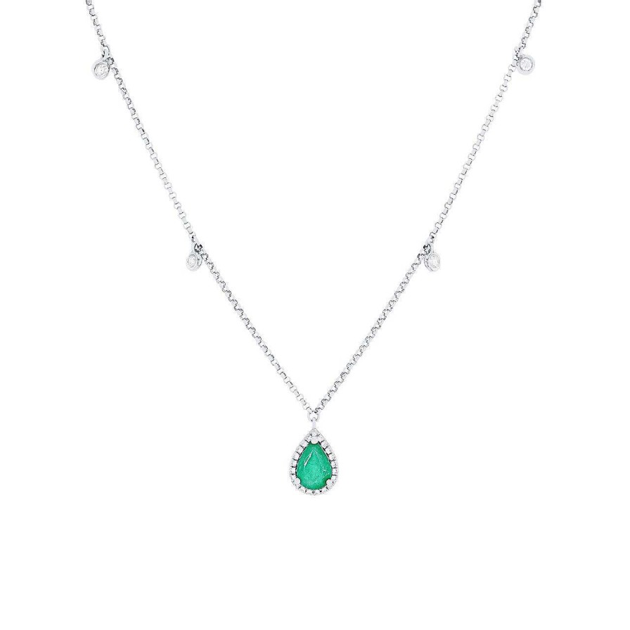 Diamonds Direct Necklaces & Pendants | Emerald And Diamond Station Necklace White Gold 14K