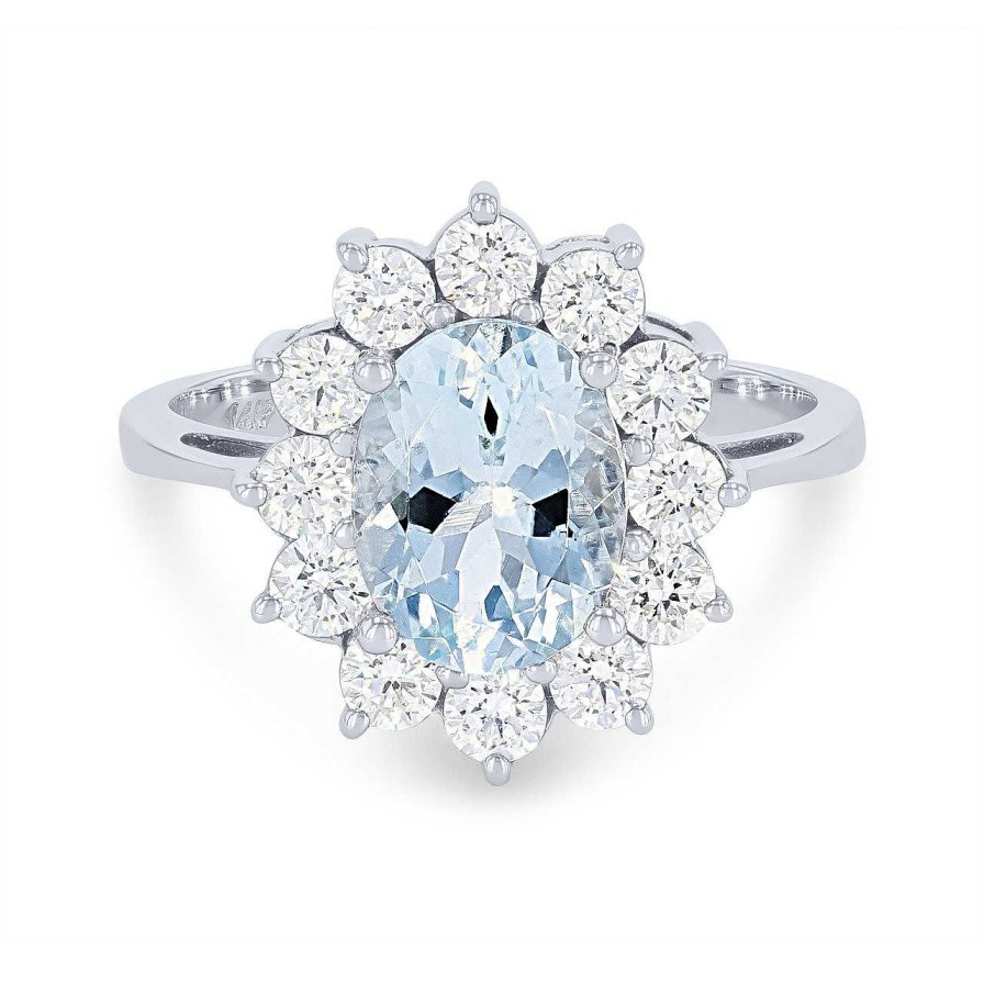 Diamonds Direct Fashion Rings | Aquamarine And Diamond Oval Halo Ring White Gold 14K