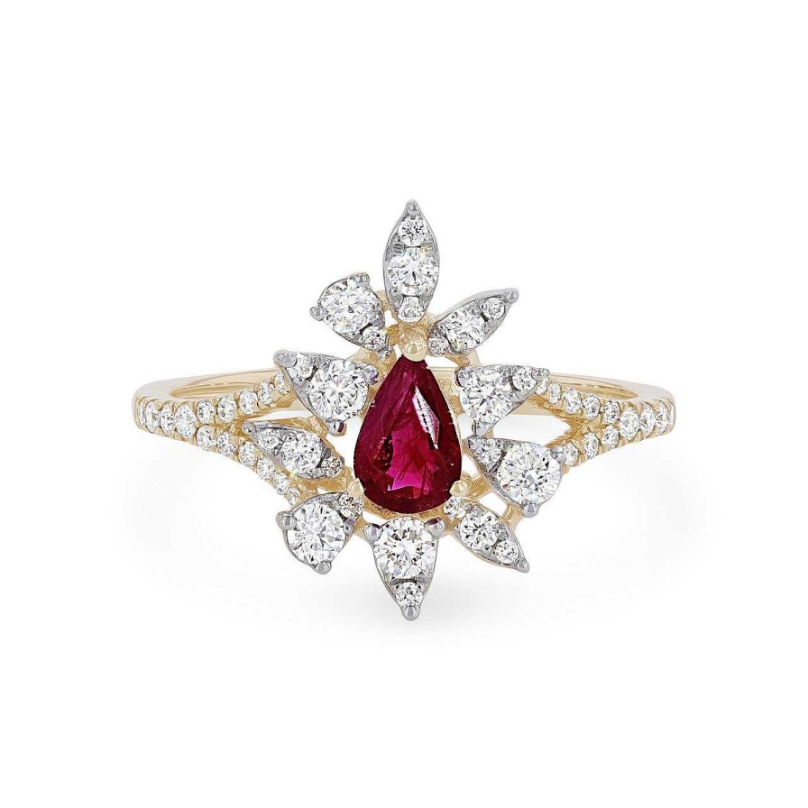 Diamonds Direct Fashion Rings | Ruby And Diamond Abstract Halo Ring Yellow Gold 14K