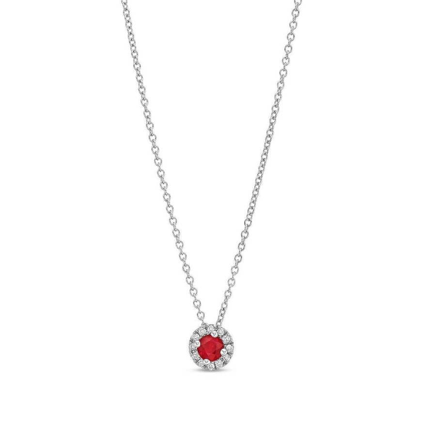 Diamonds Direct Necklaces & Pendants | Ruby And Diamond Halo Pendant Necklace White Gold 14K