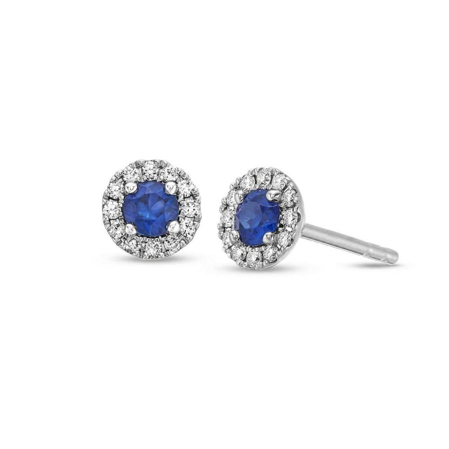 Diamonds Direct Earrings | Blue Sapphire And Diamond Halo Stud Earrings White Gold 14K